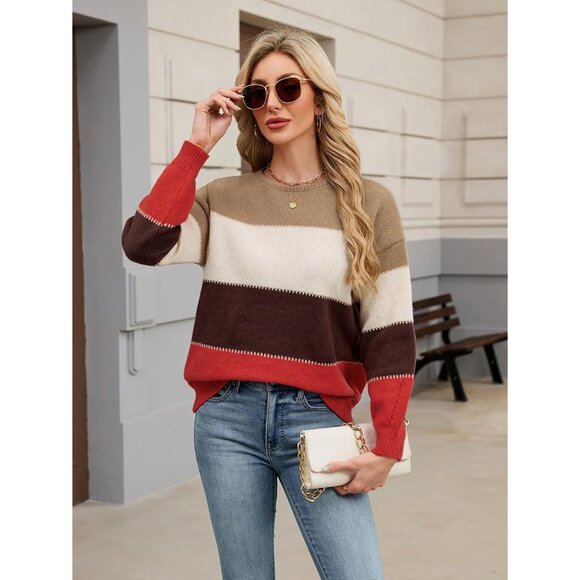 Womens Oversized Color Block Sweater Lightweight Knit Crew Neck Fall Trendy - Picture 4 of 7